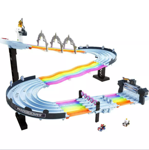 Pista de Carreras Rainbow Road de Hot Wheels Mario Kart, Empaque Dañado, Artículo Incompleto Faltan 3 Carros, 22222200108016, 14