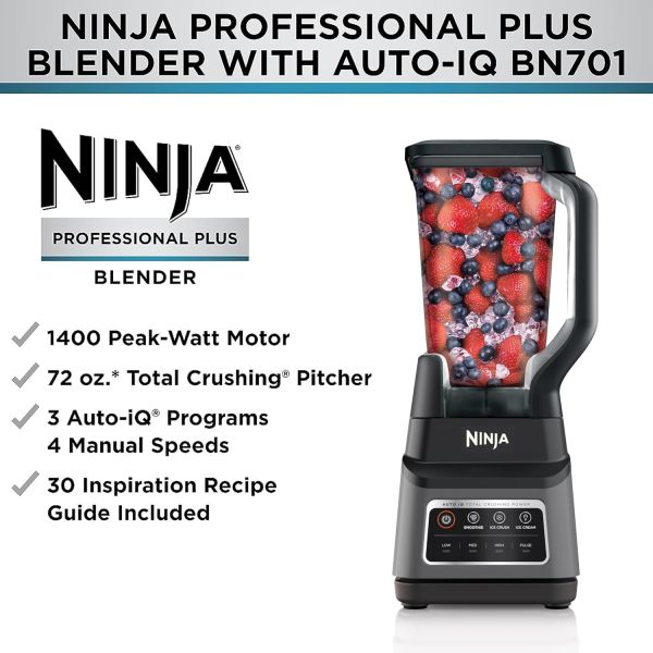 Ninja BN701 licuadora profesional Plus con auto iQ y 64 onzas Caja danada Rastro de uso